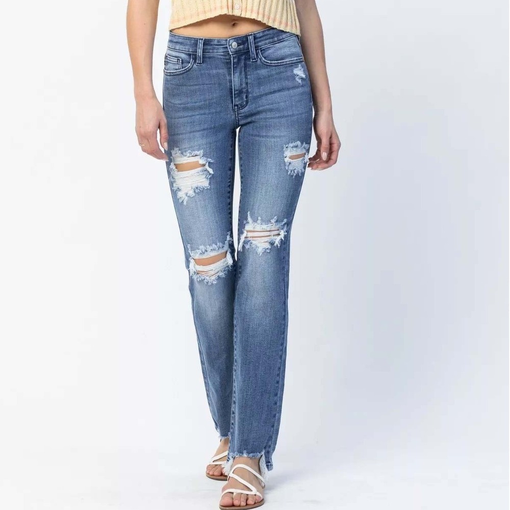Judy Blue Destroy Straight Jeans Womens 11/30 Blue Mid Rise Summer Streetwear‎